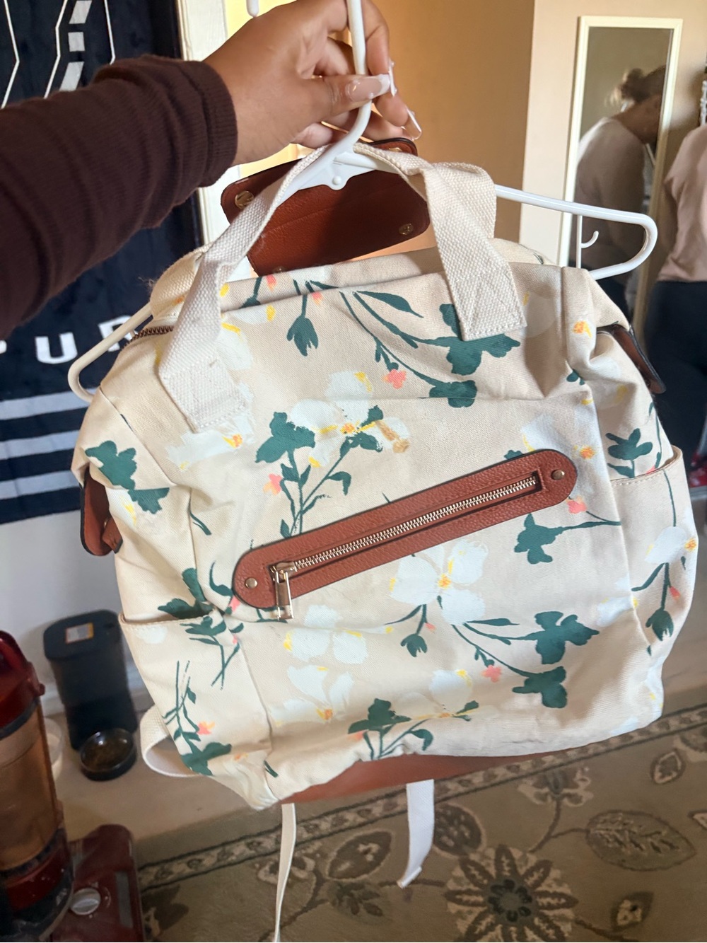 Target Floral Canvas Backpack Tote in Cream with Green and Brown Accents